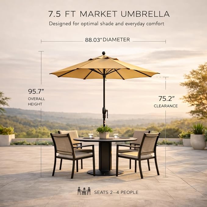 Treasure Garden 7.5ft Patio Umbrella – Outdoor Market Umbrella – Push Button Tilt – Black Aluminum Frame (O’bravia, Black)
