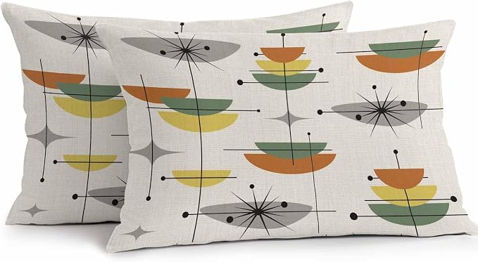 Vandarllin Outdoor Throw Pillows Covers 20x12 inch Set of 2 Waterproof Boho Mid Century Decorative Zippered Cushion Covers for Patio Furniture, Sage Green Yellow Geometric Abstract Lumbar Pillowcases