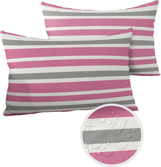 Outdoor Waterproof Pillow Covers for Patio Furniture Pink Grey and White Stripes Decorative Throw Pillow Cover Farmhouse Stripe Pillowcases Set of 2 Cushion Case for Sofa Couch Chair 20 x 12 In