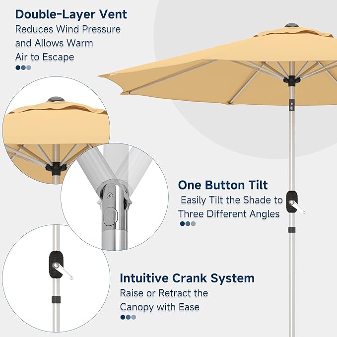 9FT Aluminum Outdoor Patio Umbrella, Fade-Resistant Market Umbrella with Push Button Tilt Function, 8 Sturdy All-Aluminum Ribs for Gardens, Patios, Backyards & Pools