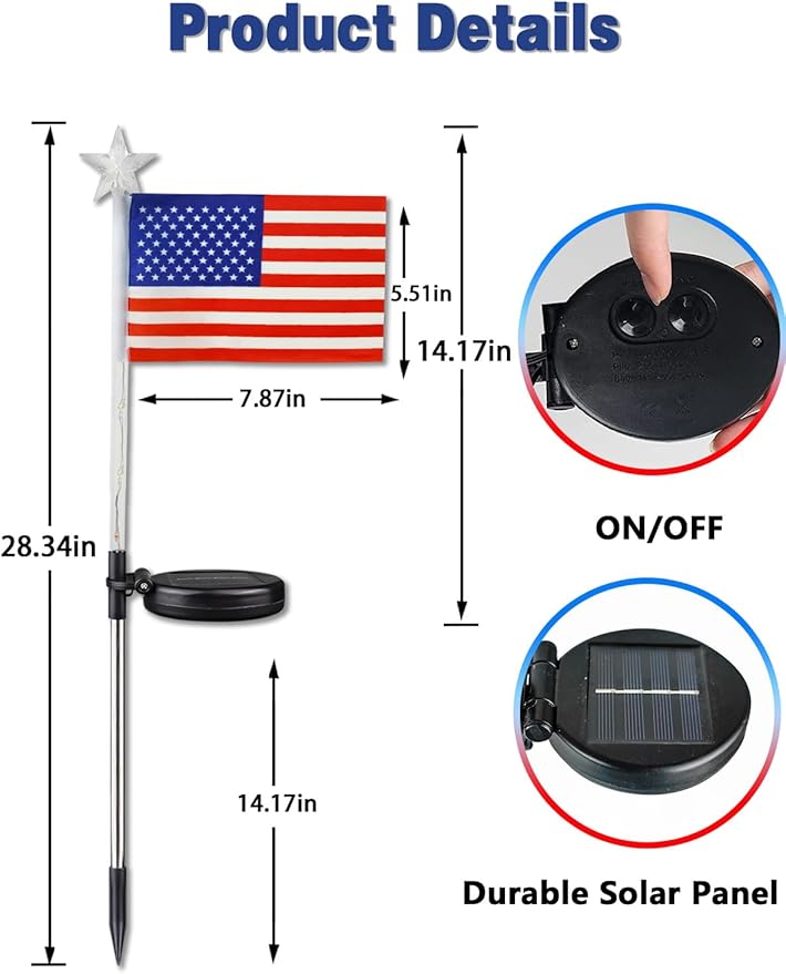 6 Pack Solar American Flag Lights Outdoor, 4th of July Decorations Outdoor, Waterproof Solar Flag Patriotic Lights for Yard, Garden, Pathway, Independence Day, 250th Anniversary (Red White and Blue)