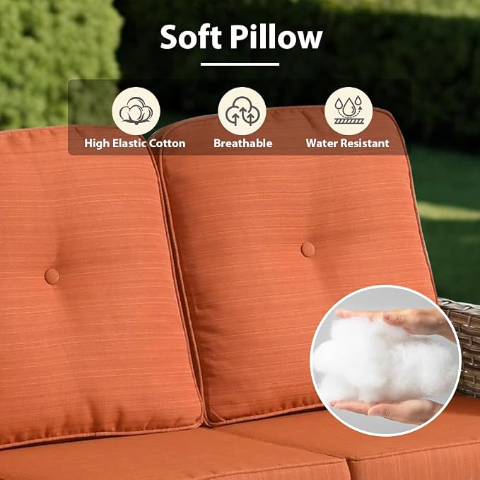 10 Pieces Patio Sectional Furniture Set, Outdoor Wicker Sectional Couch with High Back Swivel Rocker Chairs Solar Lights Table, Modern Conversation Set for Porch Balcony Backyard, Orange