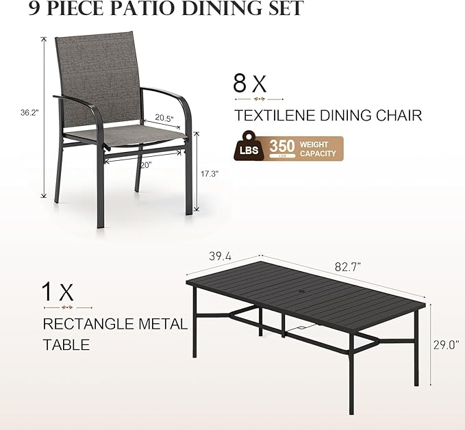 HERA'S HOUSE 9 Pieces Patio Dining Set, 8 x Brown Textilene Patio Chairs and 1 x 83 Large Rectangle Dining Table, Outdoor Furniture Set for Deck Garden Backyard Lawn Poolside