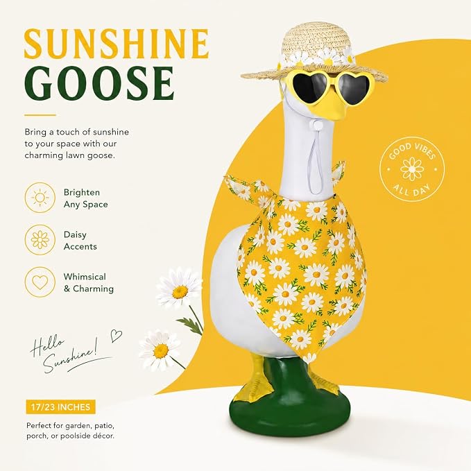 Summer Daisy Porch Goose Outfit Set, Straw Sun Hat Heart Sunglasses Yellow Daisy Bandana, Fits 23 Inch Lawn Goose Statue, Holiday Decor Outfit, Outdoor Garden Yard Goose Decor.