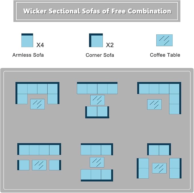 COSTWAY 7 Pieces Patio Furniture Set, Outdoor Rattan Conversation Set with 6 Seats, Coffee Tea Table, Soft Cushions, Wicker Patio Sectional Sofa for Garden Balcony Porch Poolside, Black