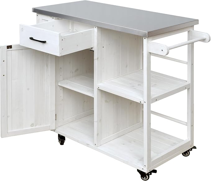 Outdoor Deck Box with Stainless Steel Worktop, White Fir Wood Patio Storage Cabinet for Garden Tools and Pool Accessories, Weather-Resistant Storage for Patio & Deck, 40.5 x 18.5 x 35.6 Inches, White