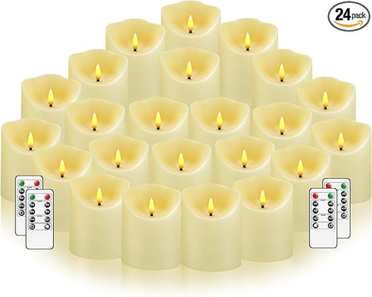 Nimiko Flameless Candles with Remote, Battery Operated Flickering Flameless Candles, LED Candles with Timer 2/4/6/8H, with Realistic LED Candles Set of 24 (D3 x H 3" 4" 5" 6" 7") (Ivory)