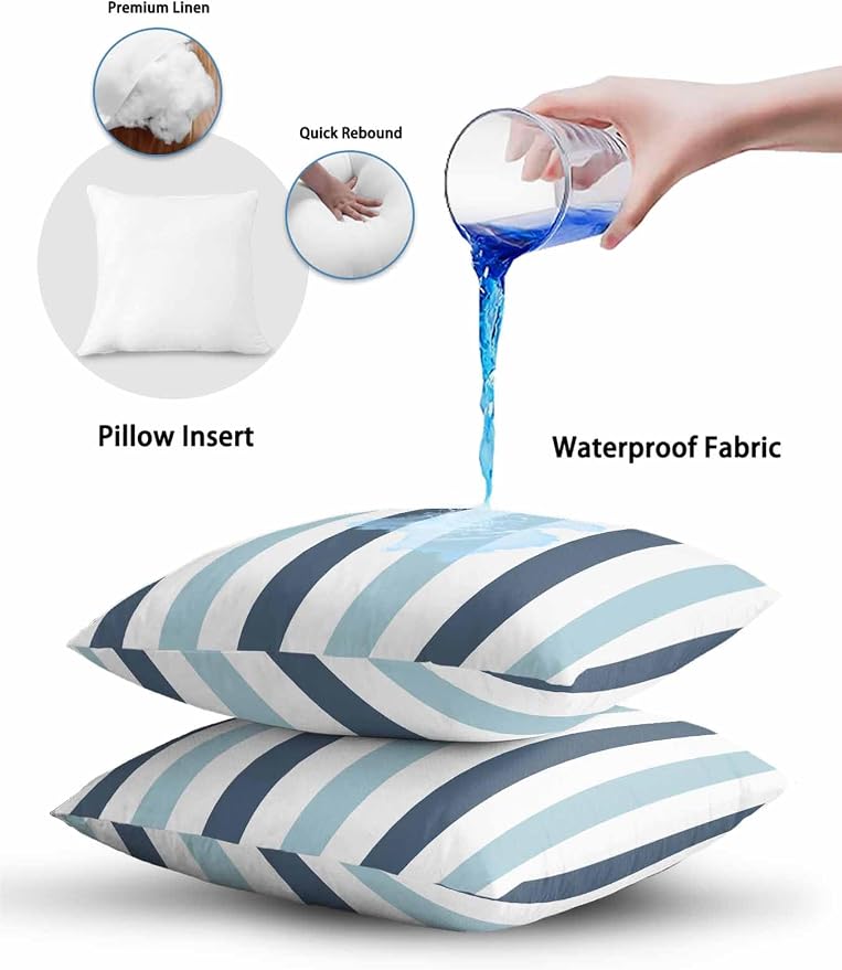 Outdoor Pillows Waterproof, Blue Aqua Striped Bedding Throw Pillows with Insert for Couch Sofa Bed, Farmhouse Stripe Art 16x16 Inch Pillowcases Decorative Camping Patio Pillow Set of 2