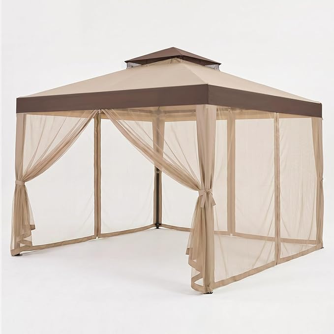 10x10 Gazebo with Netting, Canopy Tent Sun Shade Shelter for Outdoor Patio Backyard (Beige)