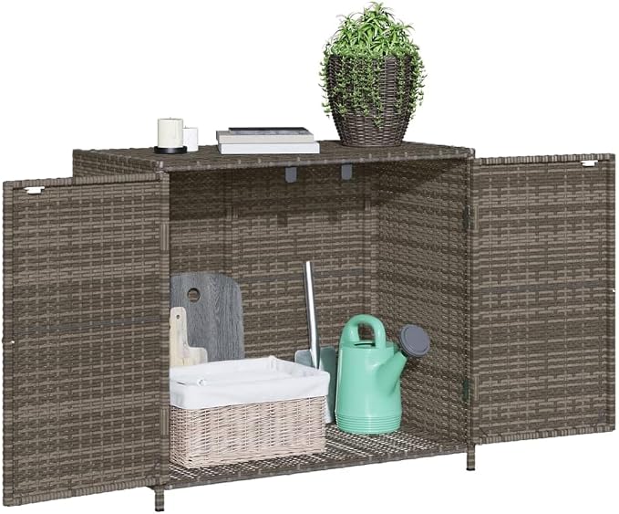 Outdoor Storage Cabinet Gray 32.7"x17.7"x29.9" PE Rattan Patio Furniture Deck Box with Steel Frame for Pool Toys, Gardening Tools, Porch Decor