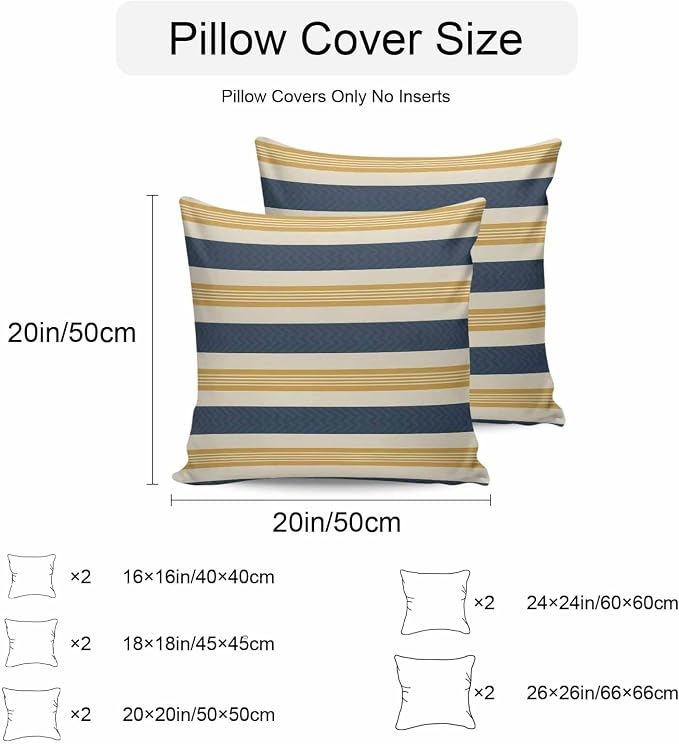 Vandarllin Outdoor Throw Pillows Covers 20x20 inch Set of 2 Waterproof Navy Blue Stripes Lines Decorative Zippered Cushion Covers for Patio Furniture, Yellow Classic Striped Lumbar Pillowcases