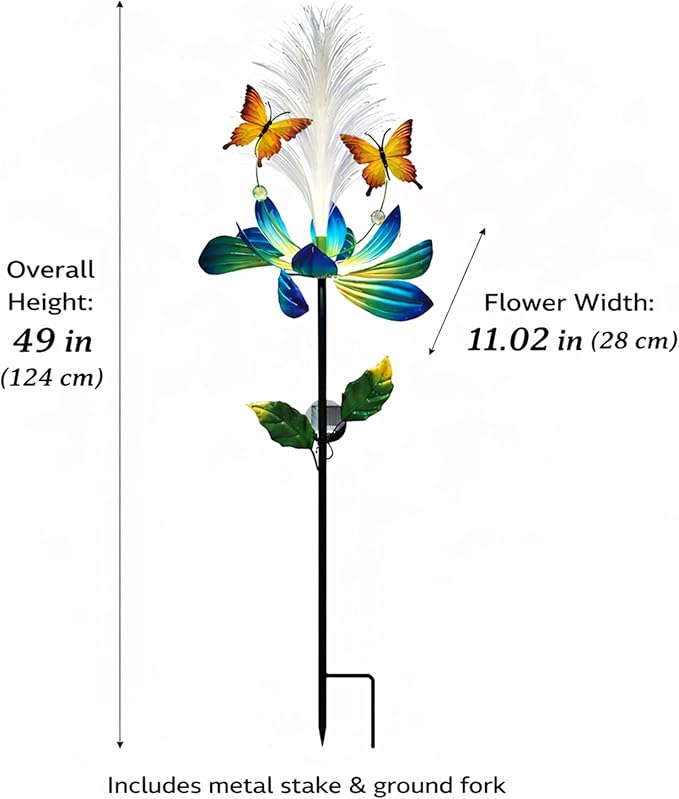Solar Wind Spinner Outdoor, 49" Lotus Flower & Butterfly Metal Wind Spinner with Color-Changing Fiber Optic Solar Lights, Kinetic Garden Windmill Yard Art for Lawn Patio Pathway Decor