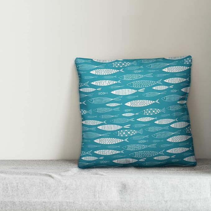 Teal Schoold of Fish Indoor/Outdoor Pillow | Decorative Pillows for Living Room Couch Bed Sofa Patio, Fluffy Soft Cushion | Water Resistant Blue, 18x18