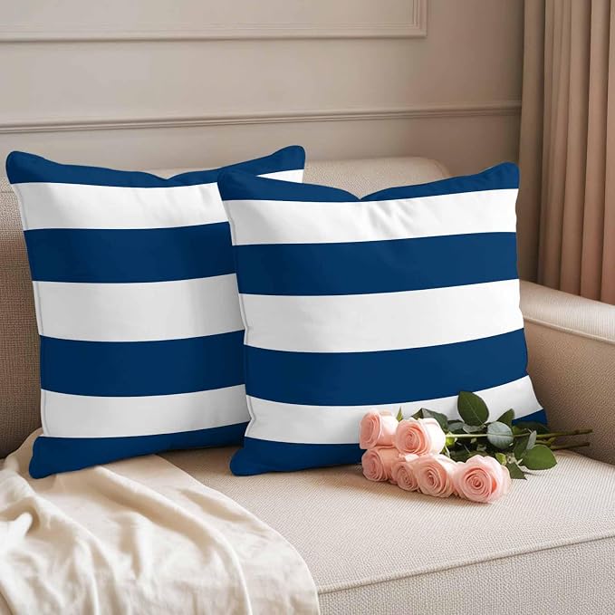 Outdoor Pillow Covers Set of 2, Blue White Stripes Color Block Geometric Decorative Throw Pillow Covers 16X16IN, Classic Modern Style Throw Pillows Protector Cushion Case for Patio,Couch,Sofa,Garden