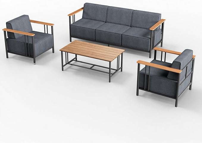 Luxury Patio Furniture Set with 10" Extra Thick Cushions, 4 PCS Outdoor Furniture Set with Patio Chairs & Couch & Coffee Table, Suitable for Porch, Balcony, Deck, Yard, Poolside, Black/Grey
