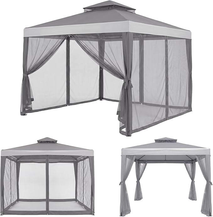 10x10 Gazebo with Netting, Canopy Tent Sun Shade Shelter for Outdoor Patio Backyard (Gray)