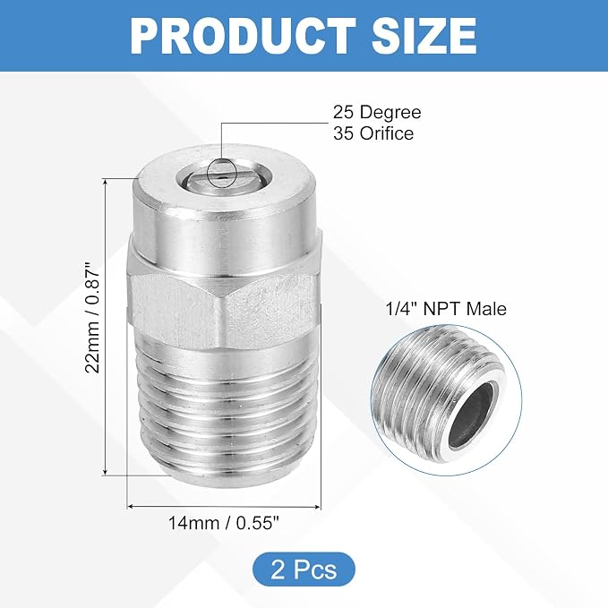 uxcell 2Pcs Pressure Washer Nozzle, Stainless Steel Thread Nozzles Tips, Universal Replacement for Undercarriage Cleaner Water Broom, 1/4 Inch NPT Male, 25 Degree 035 Orifice