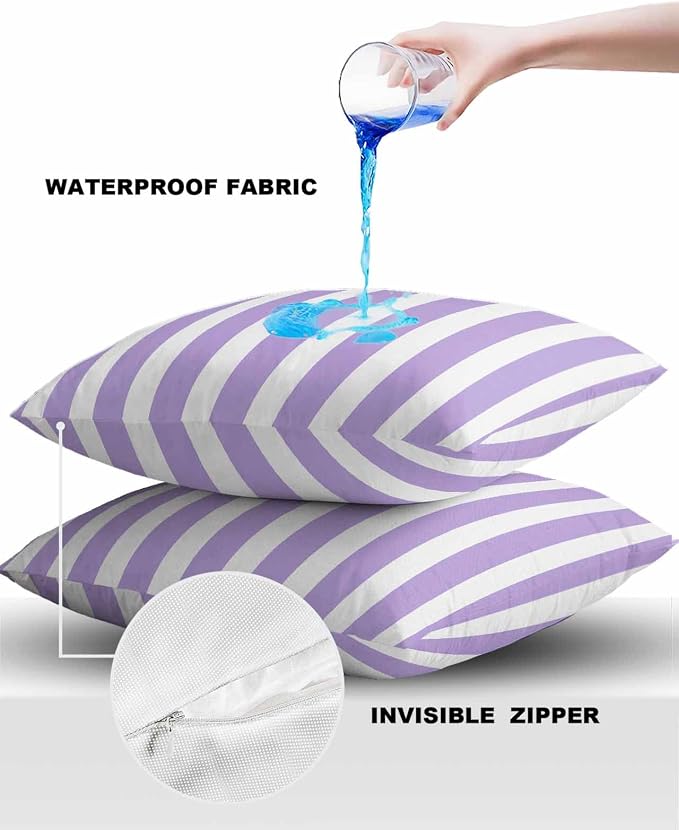 Outdoor Waterproof Throw Pillow Covers 24x24in, Purple Striped Cushions for Garden Patio Furniture Chairs Set of 2, Modern Art Striped Home Decor Couch Sofa Polyester Pillow Cases