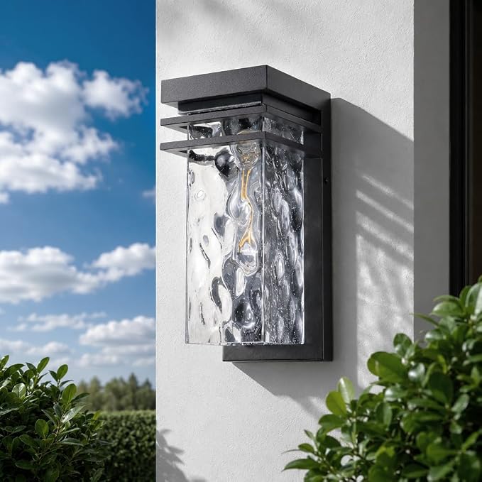 Modern Outdoor Wall Sconce Exterior Porch Light Fixture for House | 12 in. Black, Water Seeded Glass, Open Bottom, Waterproof Patio Lighting, 1 Pack
