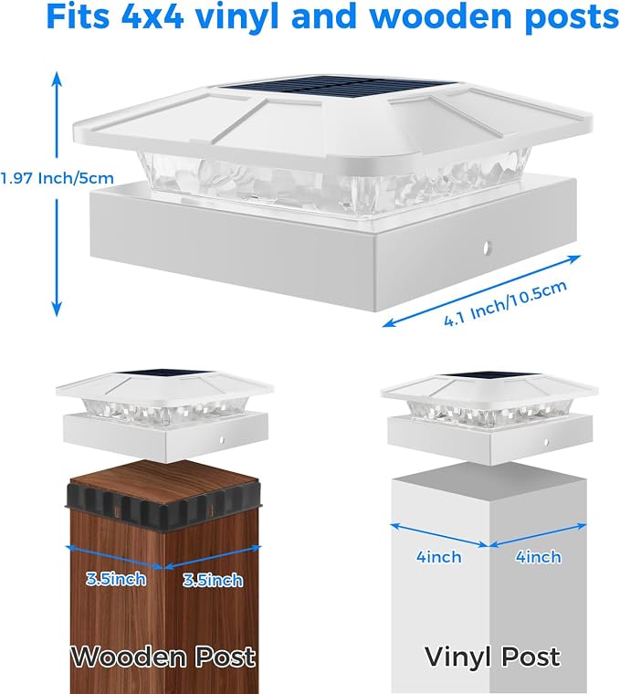 4x4 Solar Post Cap Lights Outdoor with 3 Modes, 2 Packs White Fence Light Solar Powered Waterproof for 3.5×3.5/4x4 Wood/Vinyl Posts for Deck Yard Garden Patio Outside