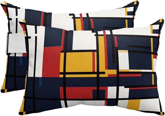 Outdoor Pillows Covers with Inserts Abstract Geometric Blue Orange Red Blocks Waterproof Recliner Pillow with Adjustable Strap Throw Pillows for Patio Furniture Pool Lounge Chair, 11x16 inch, 2PCS