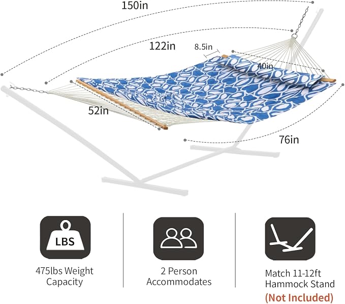 CHULIM Outdoor Double Hammock with Hardwood Spreader Bars, Large Rope Hammock with Polyester Pad and Pillow, 475 LBS Capacity for 2 Person Patio Backyard Poolside - Blue Printing