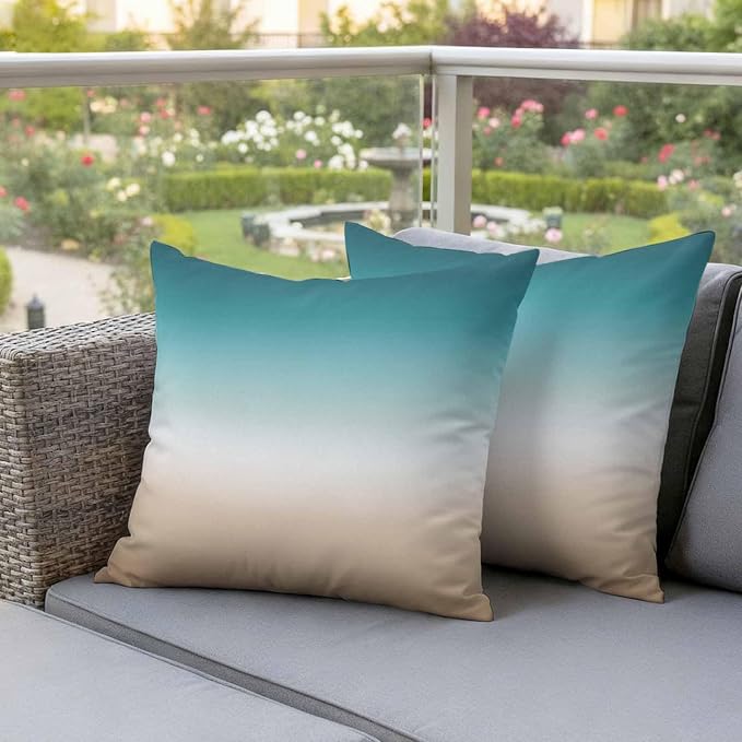 Outdoor Pillow Covers Set of 2, Teal to Khaki Gradient Art Decorative Throw Pillow Covers 16X16IN, Turquoise Watercolor Style Throw Pillows Protector Cushion Case for Patio,Couch,Sofa,Garden