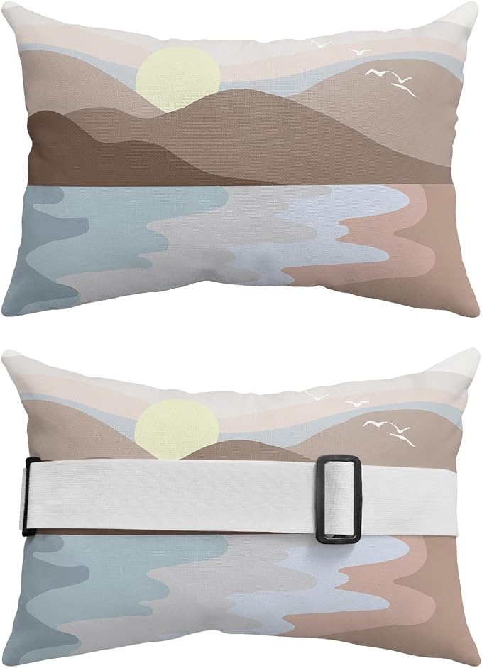 Outdoor Pillows Covers with Inserts Sunrise Mountain Beautiful Seaside Abstract Painting Waterproof Pillow with Adjustable Strap Throw Pillows for Patio Furniture Recliner Lounge Chair, 12"x20", 1PCS