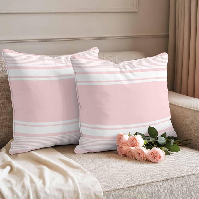 Outdoor Waterproof Throw Pillow Covers, Pink Striped Decorative Pillow Cases, Modern Color Block Farmhouse Stripes Couch Pillow Protector Patio Sofa Cushion Covers Replacement 18"x18" 2 Pack