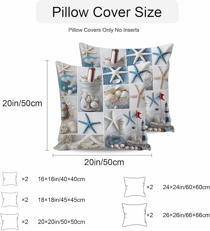 Summer Coastal Grid Outdoor Pillow Covers Set of 2, Ocean Starfish Lighthouse Pearl Decorative Waterproof Throw Pillowcase Nautical Cotton Linen Soft Cozy Cushion Cover Pillowsham 20x20In
