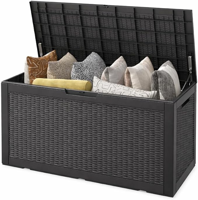 100 Gallon Resin Deck Box, Lockable Patio Outdoor Storage Box for Furniture, Garden Tools and Tools Storage, Waterproof Outside Storage Boxes - Black