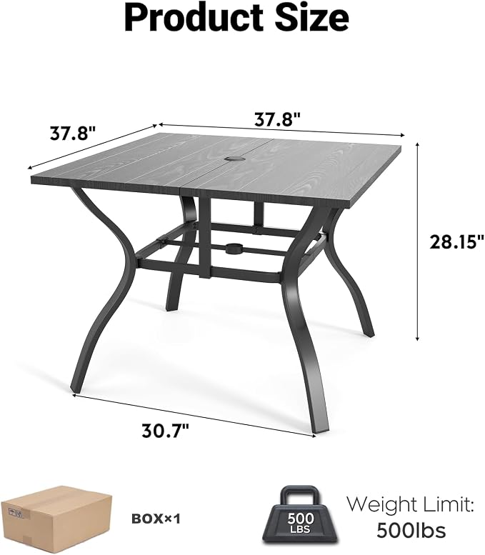 5 Piece Patio Dining Set, Stackable Outdoor Chairs Set of 4 with Textilene Fabric, 37.8" Wood-Grain Square Table with Umbrella Hole for Backyard Lawn Party (1 Table + 4 Chairs) (Black)