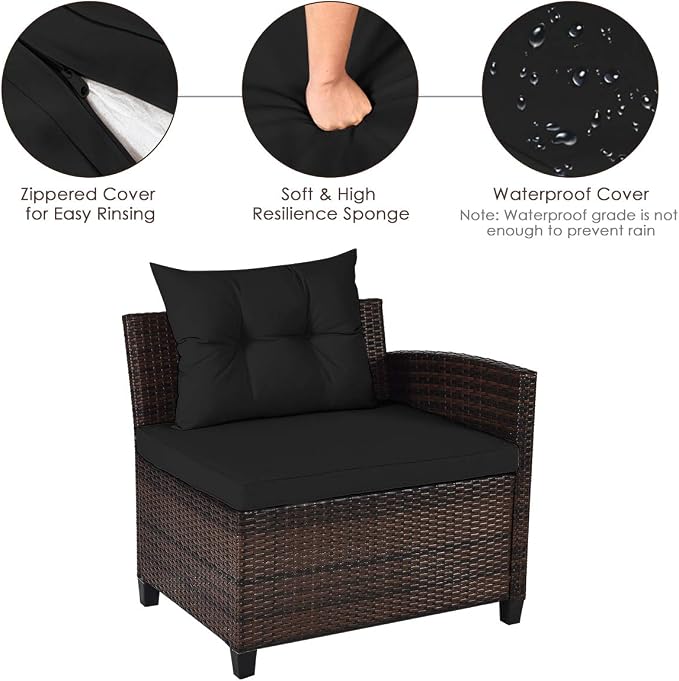 COSTWAY 4-Piece Patio Furniture Set, Wicker Rattan Sofa with Cushions and Coffee Table, Outdoor Sectional Conversation Sofa Set for Poolside Backyard Lawn Backyard (Black)