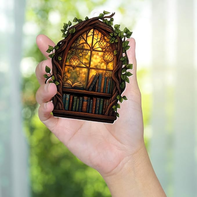 Gothic Window Book Ornament – Stained Glass Style Acrylic Christmas Ornament with Books & Ivy, Fantasy Home Décor, Book Lover Gifts for Women, Teacher & Librarian Holiday Decoration(Sun-19)
