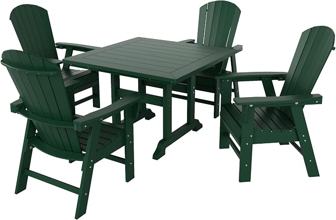 WestinTrends Dylan Adirondack Patio Dining Set for 4, All Weather Poly Lumber Outdoor Table and Chairs Set of 4, 43" Trestle Square Dining Table and Seashell Adirondack Dining Chair, Dark Green