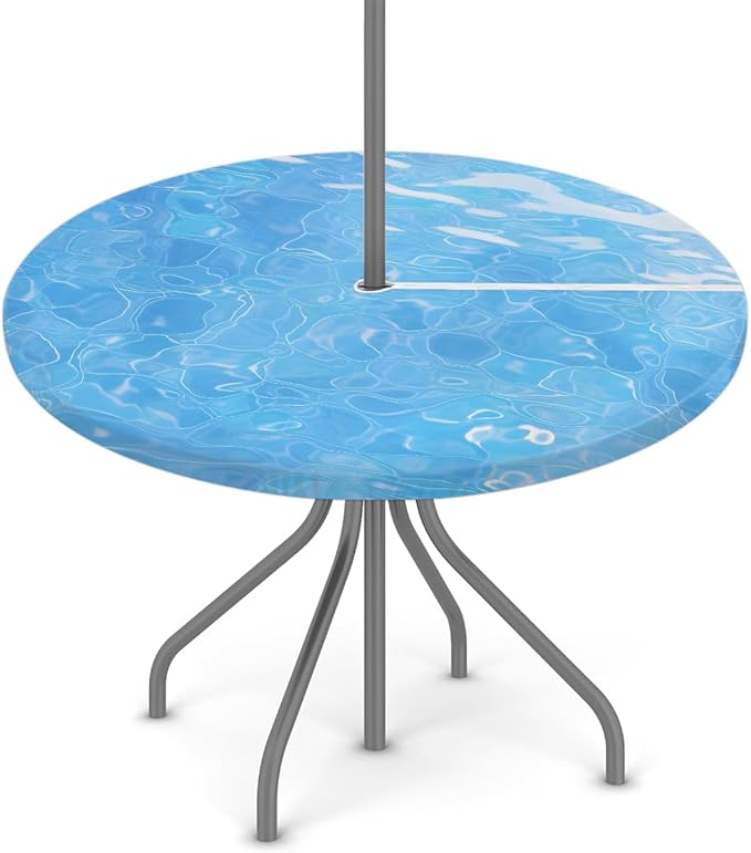 Fitted Round Tablecloth with Umbrella Hole and Zipper Ocean Outdoor Elastic Polyester Table Cloth 45"-56" Oil-Proof Waterproof Blue Water Patio Table Cover for Picnic Party