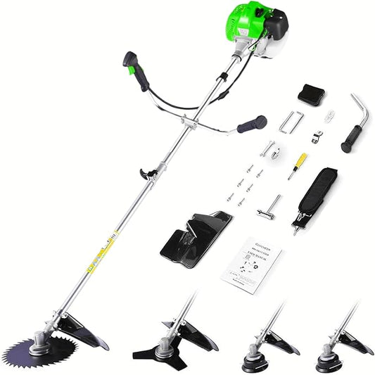 COOCHEER Brush Cutter Gas Powered 58cc, 4 in 1 Weed Wacker Gas Powered, 2 Cycle Straight Shaft String Trimmer Grass Cutter Machine for Lawn and Garden Care Trimming, Green