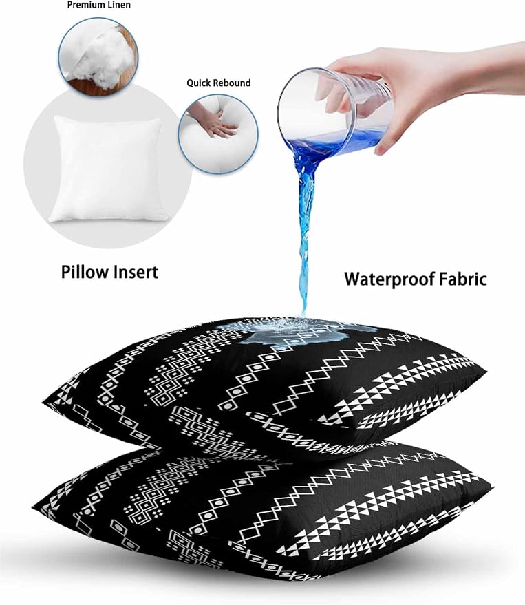 Outdoor Waterproof Throw Pillows 18x18in, Traditional Tribal White Diamond Patio Pillows Pack of 2, Decorative Pillow Covers with Insert, Pillow Cushion Case for Garden Boho Geometric on Black