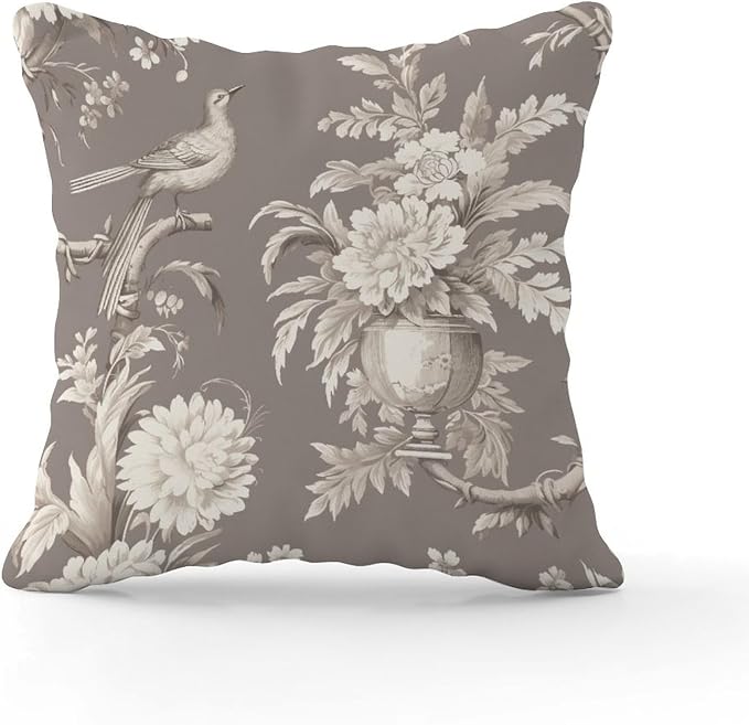 Throw Pillow Covers Tan French Country Toile Floral Pillow Covers Abstract Grey White Bird Pillow Cover Accent Decorative Cushion Covers Home Decor for Outside Couch Chair Patio 22x22 in
