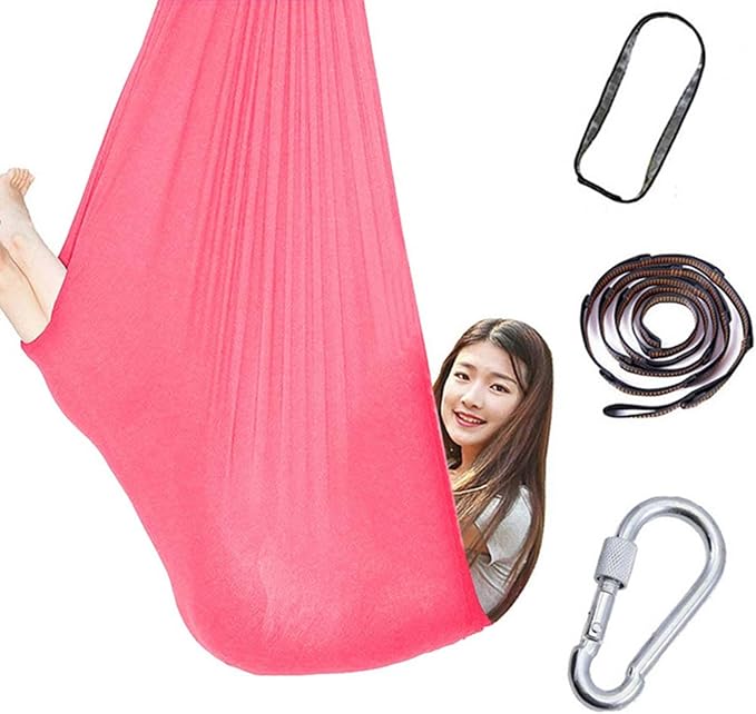360° Rotating Elastic Aerial Yoga Hammock Outdoor Indoor Swings Aerial Yoga Sensory Therapy Cuddle Swing Soft Elastic Parcel Steady Seat Swing (Color : Pink, Size : 150x280cm)