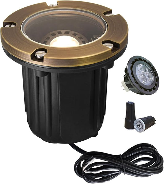 MALORY Low Voltage Landscape Lights, (φ126 mm) Brass Top Cover 12V Outdoor In Ground Lights, LED Well Lighting for Pathway, Driveway, Deck Step and Garden 1 Pack with MR16 Bulb (Flat Top)