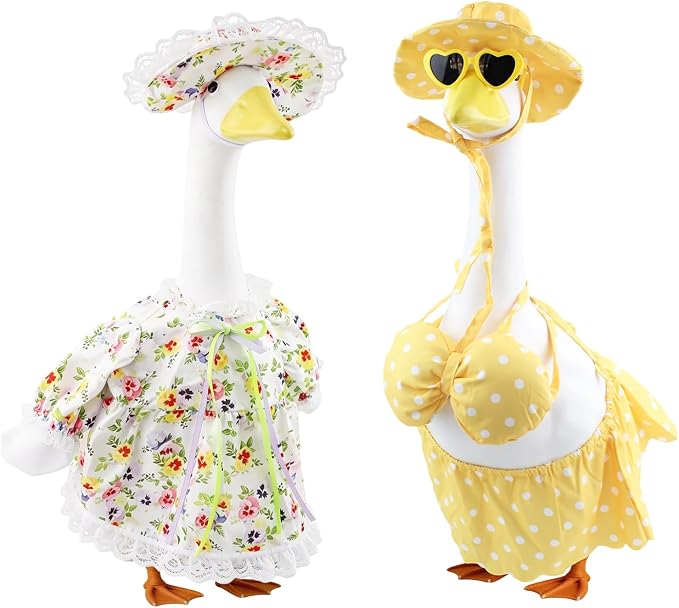 23 Inch Porch Goose Outfits 2 Pack, Summer Goose Clothes with Floral Dress, Hat, Bikini Set, Sun Hat and Heart Sunglasses for Cement Goose Statue Yard Garden Decor