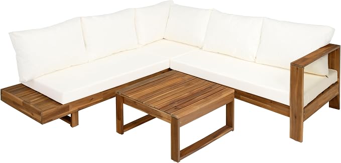VilroCaz Outdoor Patio Furniture Set, L-Shaped Acacia Wood Sectional Sofa with Coffee Table, Cushions and Backpack, All-Weather Conversation Set for Garden Backyard Porch