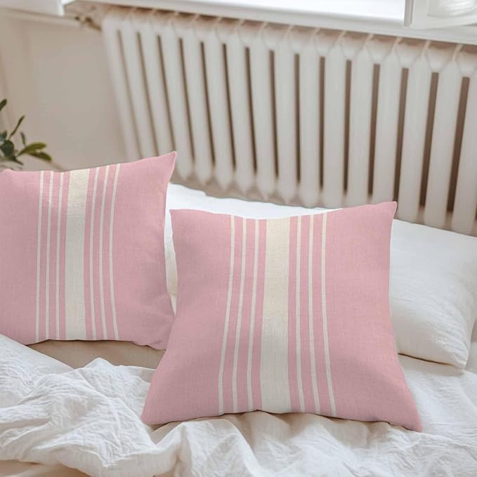 Outdoor Waterproof Pillows Cover Pack of 2 Modern Pink Striped Burlap Texture Decorative Pillowcases with Zipper Cushion Case for Patio Tent Couch Garden 26 x 26 Inches