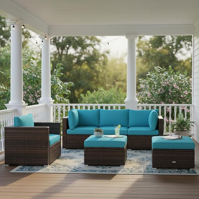 Tangkula 6 Pieces Wicker Patio Furniture Set, PE Rattan Outdoor Sectional Conversation Set with Glass Coffee Table & Ottoman, Wicker Sofa Set with Cushions for Yard Garden, Deck, Porch (Turquoise)