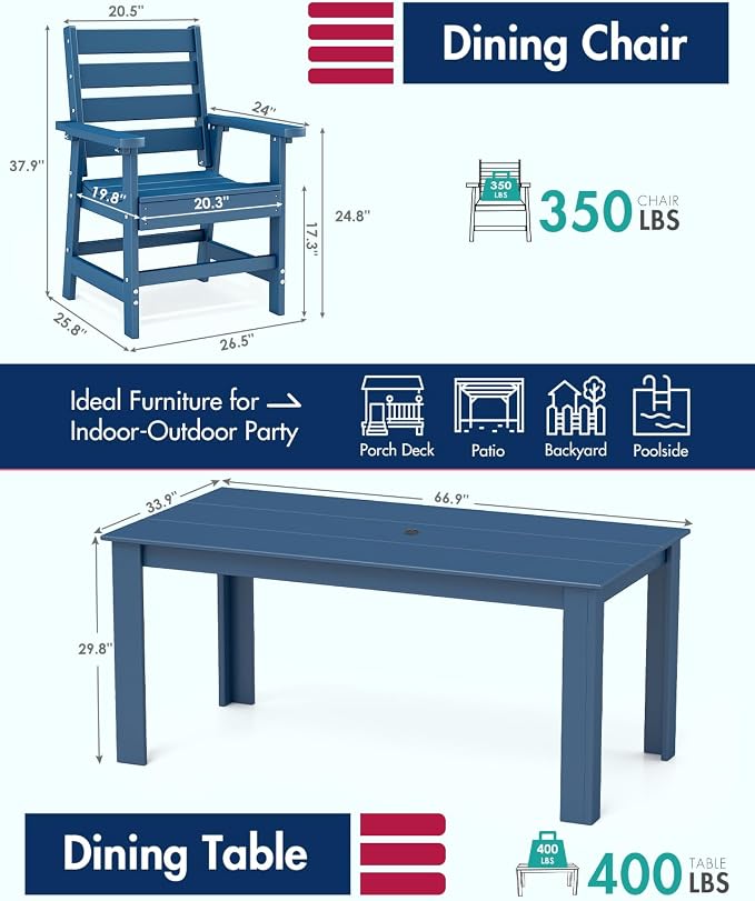 BRIOPAWS Outdoor-Dining-Set | 7 Piece | HDPE | 67" Patio Table and Chairs Sets for 6 | Patio Dinner Furniture | All Weather | Umbrella Hole | for Poolside Deck Backyard Outdoors | Blue