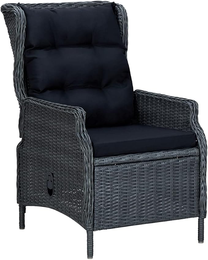 7 Piece Patio Dining Set Dark Gray Poly Rattan with 6 Reclining Chairs, Outdoor PE Rattan Dining Table & Chairs with Adjustable Backrest and Cushions for Garden, Deck, Backyard, Black Steel Frame