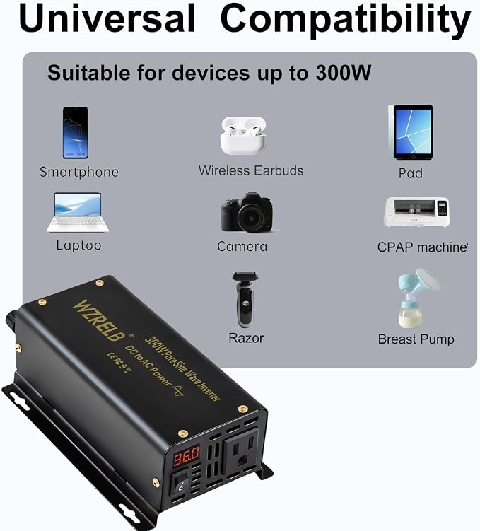 WZRELB 300W Pure Sine Wave Inverter 600W Peak DC 36V to 110V AC Power Converter Off Grid LED Display with Remote Controller