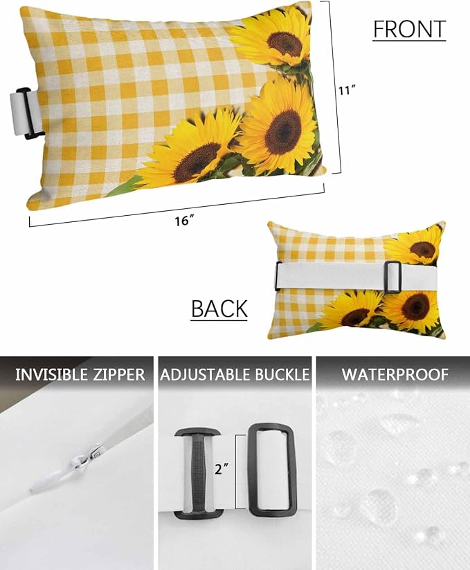 Outdoor Pillows Covers with Inserts Rustic Farm Sunflower Yellow Buffalo Plaid Waterproof Recliner Pillow with Adjustable Strap Throw Pillows for Patio Furniture Pool Lounge Chair, 11x16 inch, 1PCS