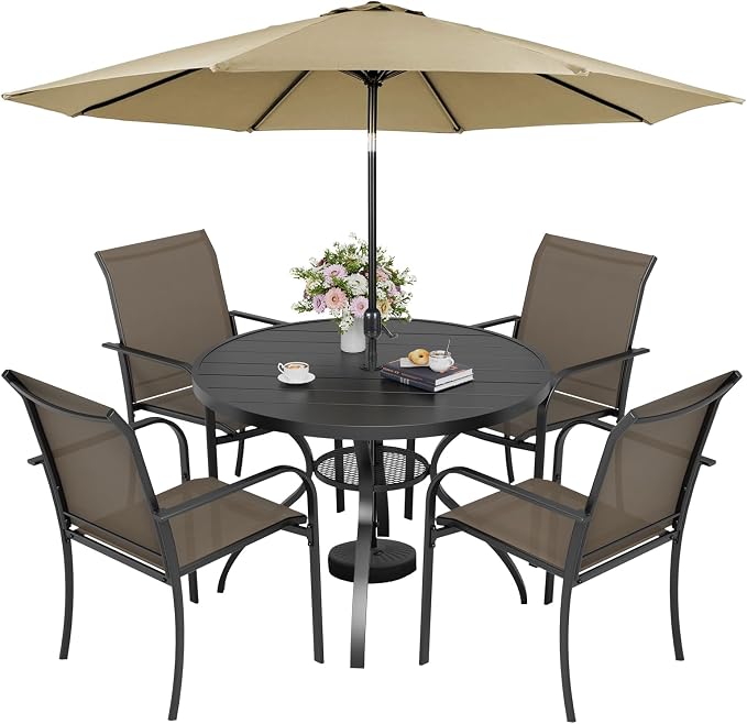 Incbruce 6 PCS Patio Dining Set with Brown Umbrella, Outdoor Dining Set of 4 Textilene Chairs and 41" Round Table with Umbrella Hole for Backyard, Garden, and Poolside (Brown)